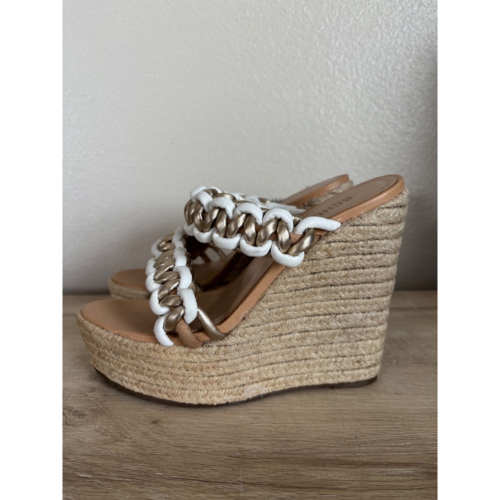 Schutz Juliet Wedge Sandals Gold White Braided Chain Espadrille Platform 8B